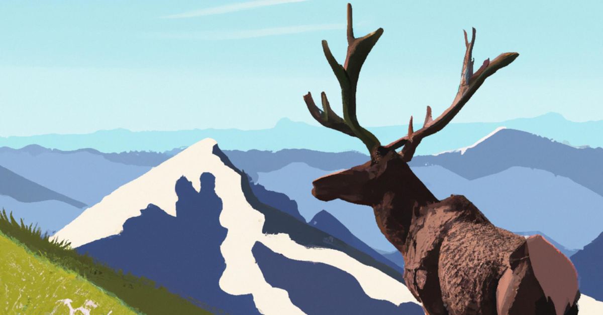 Digitalized image of an elk majestically positioned on a rugged mountain terrain.